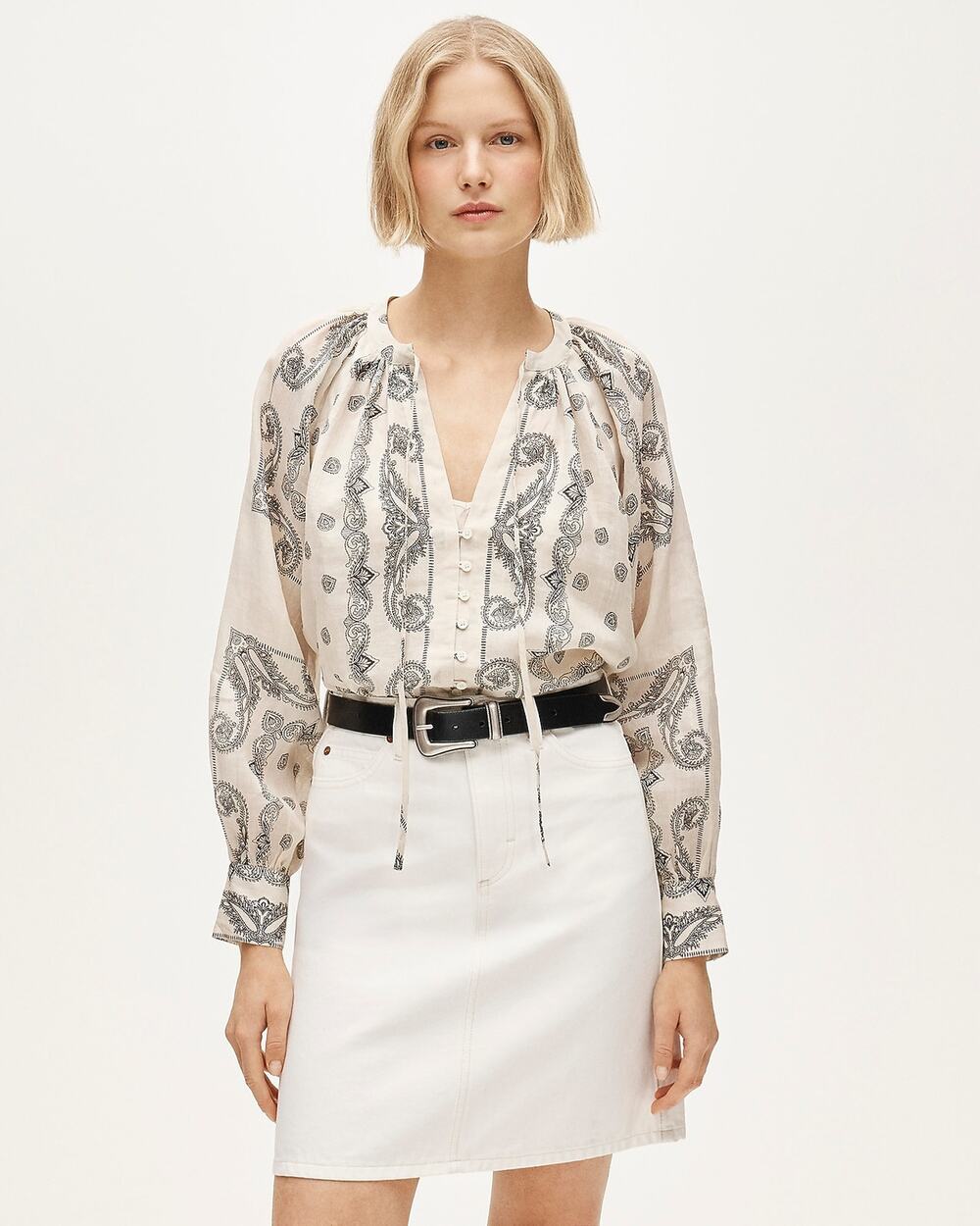J.Crew Popover Boho Top Bandana Print Ramie Natural Black Casual XXS - Picture 1 of 9